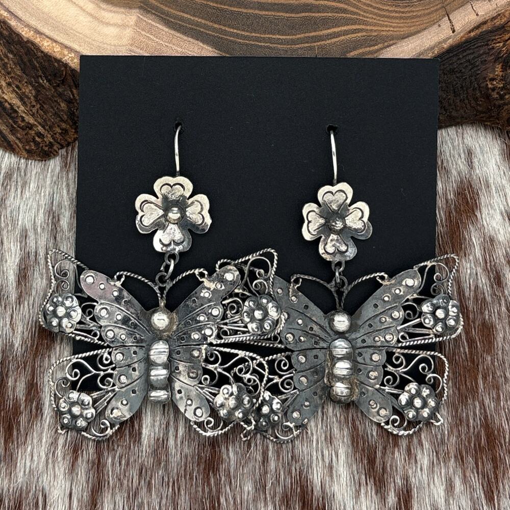 FEDERICO JIMENEZ Sterling Silver Large Butterfly Dangle Earrings With Flowers